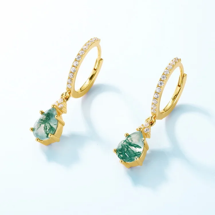Jewelyking S925 Sterling Silver Classic Hoop Moss Agate Stones Sterling Silver Gold Plated Huggie Earrings JKES0076