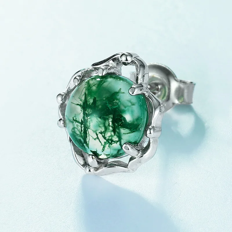 Jewelyking S925 Silver Moss Agate Vintage Natural Green Agate Cute Stud Earrings JKES0066