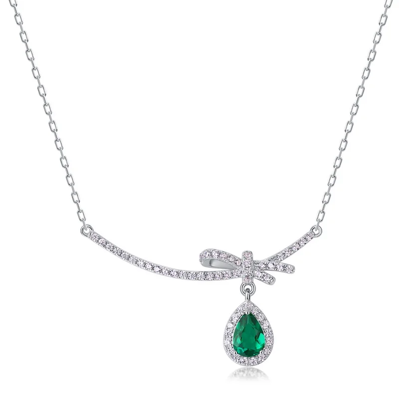 JewelyKing S925 Silver Artificial Lab Cultivated Emerald Cubic Zirconia Bow Heart Pendant Necklace JKNS0131