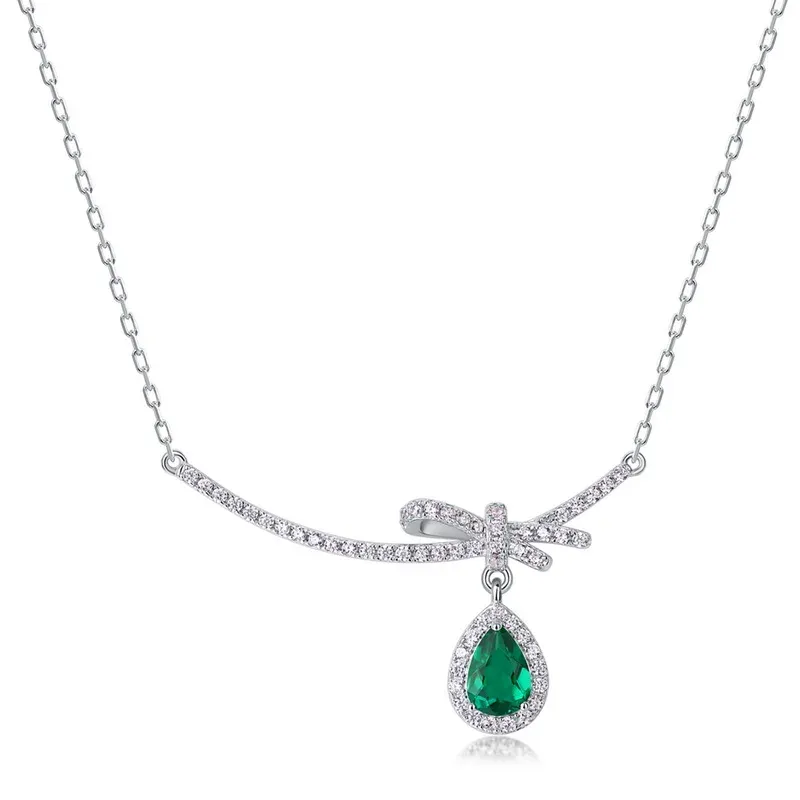 JewelyKing S925 Silver Artificial Lab Cultivated Emerald Cubic Zirconia Bow Heart Pendant Necklace JKNS0131