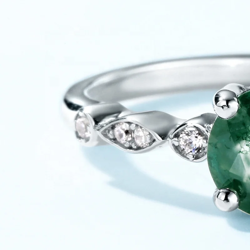 JewelyKing S925 Sterling Silver Retro Gemstone Dainty Cubic Zirconia Round Natural Green Moss Agate Engagement Ring JKRS0225