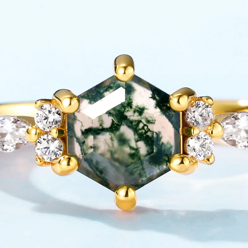 JewelyKing S925 Sterling Silver Moss Agate Rose Gold Plating Vintage Wedding Engagement Ring JKRS0237