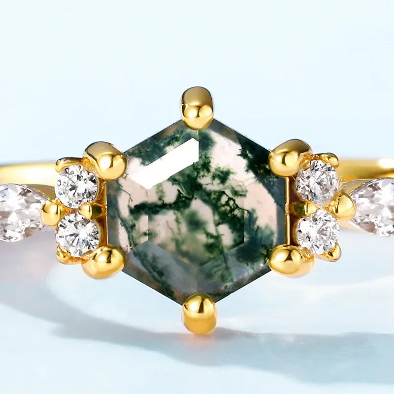 JewelyKing S925 Sterling Silver Moss Agate Rose Gold Plating Vintage Wedding Engagement Ring JKRS0237