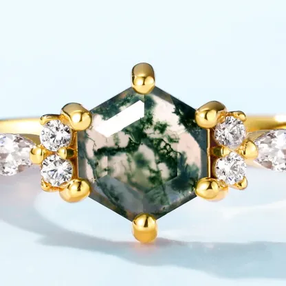 JewelyKing S925 Sterling Silver Moss Agate Rose Gold Plating Vintage Wedding Engagement Ring JKRS0237