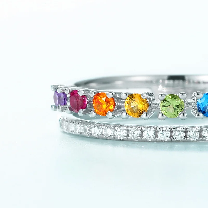 Wholesale High Quality Custom Fine Jewelry Rainbow Zirconia 7# Band Ring Women 925 Silver Colorful CZ Rings