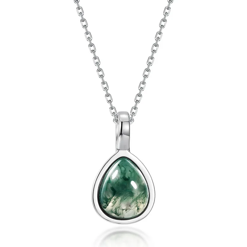 Jewelyking S925 Sterling Silver Green Moss Agate Gemstone Teardrop Pendant Necklace JKNS0093