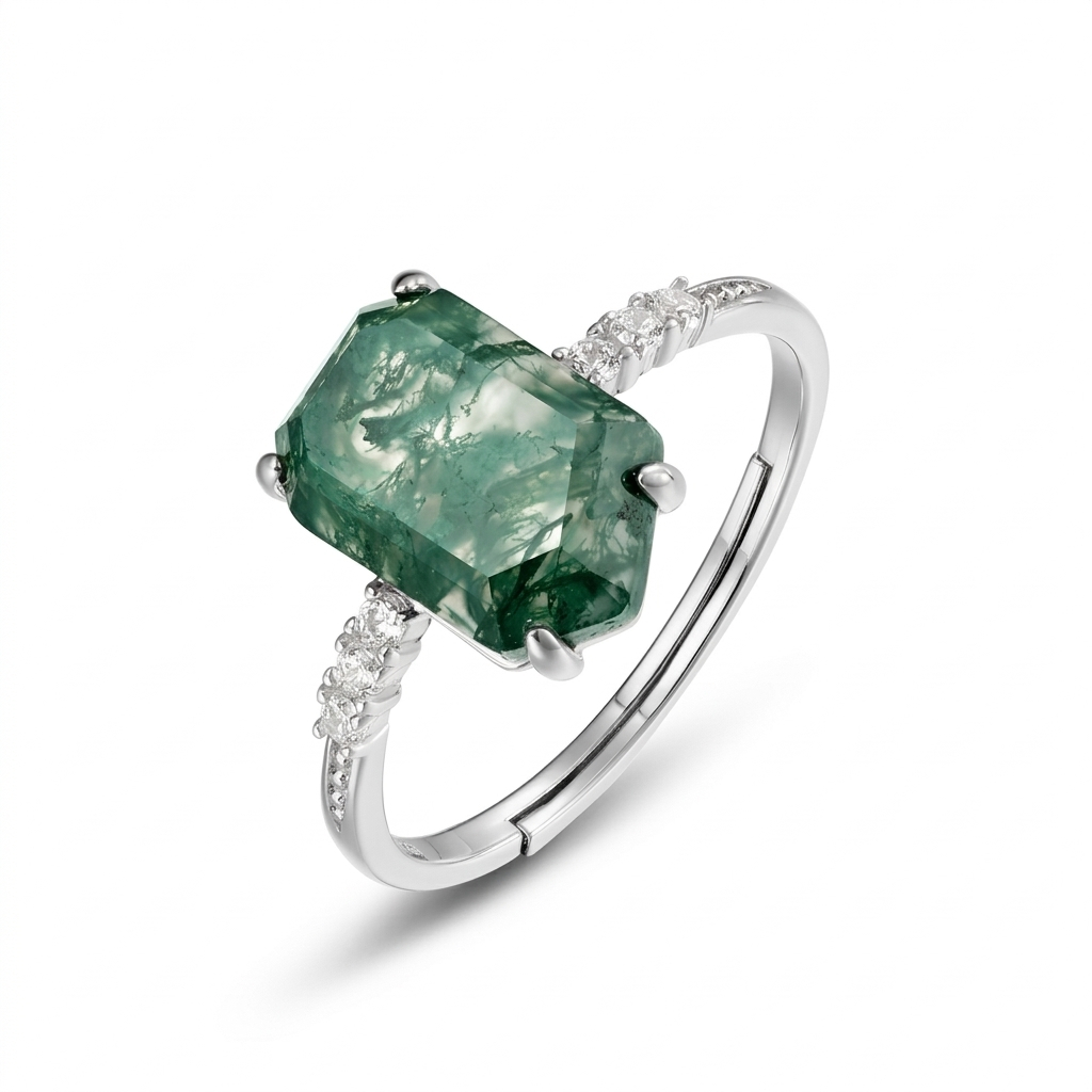 JewelyKing S925 Sterling Silver Green Moss Natural Agate Stone Elegant Handmade Gemstone Ring JKRS0177