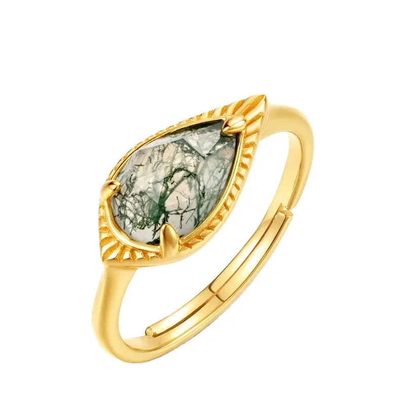 JewelyKing S925 Silver Silver 18k Gold Plated  Vintage Natural Green Moss Agate Emerald Claw Ring JKRS0170