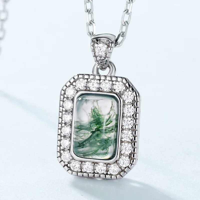Jewelyking S925 Sterling Silver Emerald Cut Green Agate Moss Pendant Necklace JKNS0094