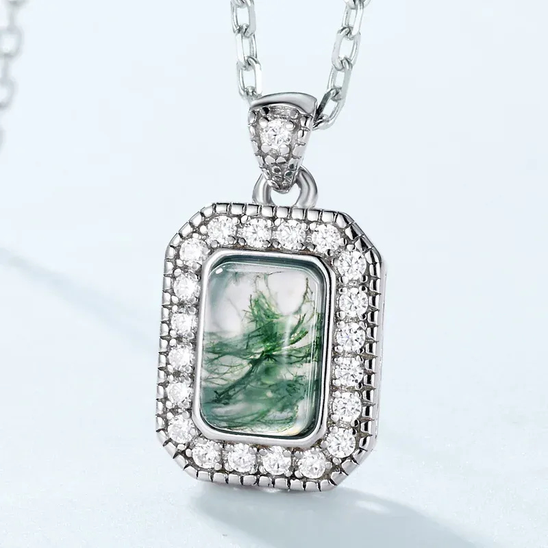Jewelyking S925 Sterling Silver Emerald Cut Green Agate Moss Pendant Necklace JKNS0094