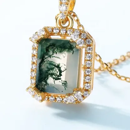 Jewelyking S925 Sterling Silver Gold Plated Green Crystals Vintage Rectangle Natural Moss Agate Pendant Necklace JKNS0085