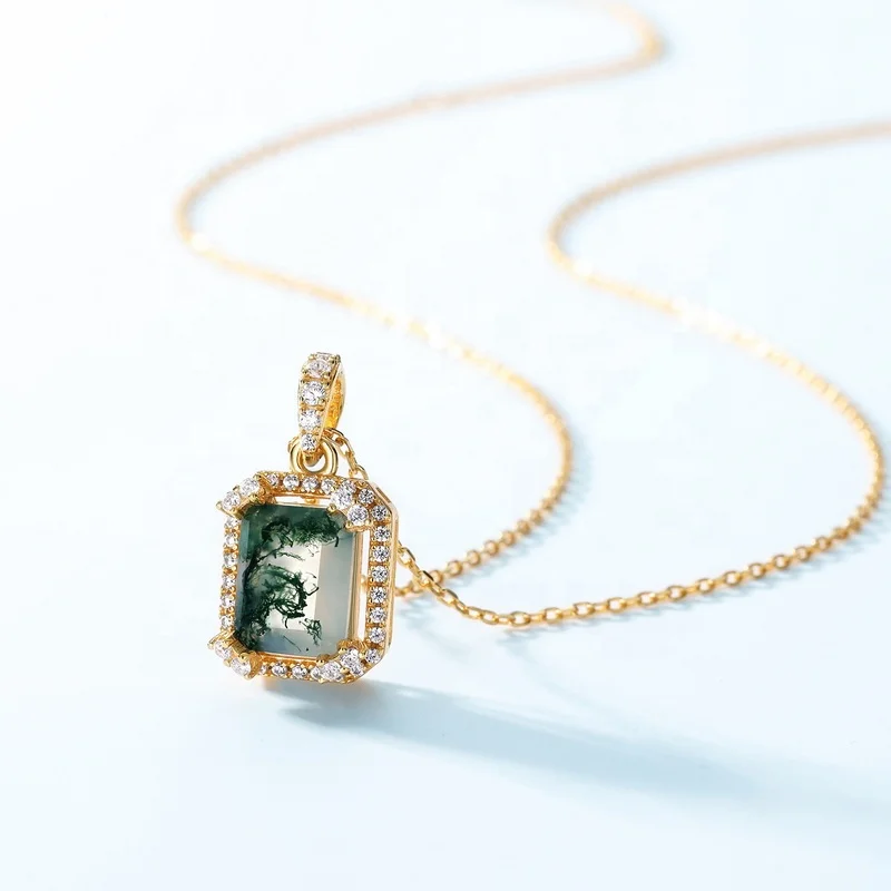 Jewelyking S925 Sterling Silver Gold Plated Green Crystals Vintage Rectangle Natural Moss Agate Pendant Necklace JKNS0085