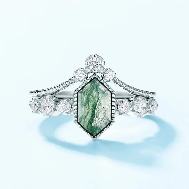 JewelyKing S925 Sterling Silver Hexagon Moss Agate Gemstone Wedding Rings JKRS0207