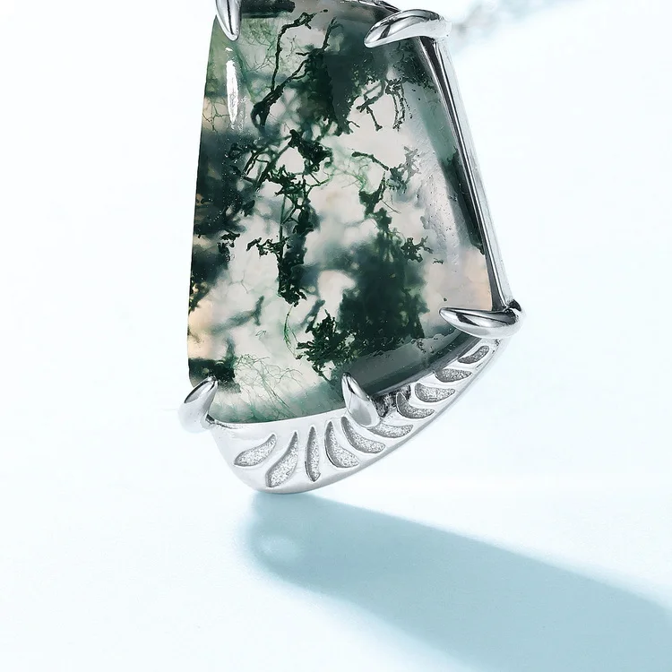 Jewelyking S925 Sterling Silver Dainty Chain Natural Green Moss Agate Pendant JKNS0083