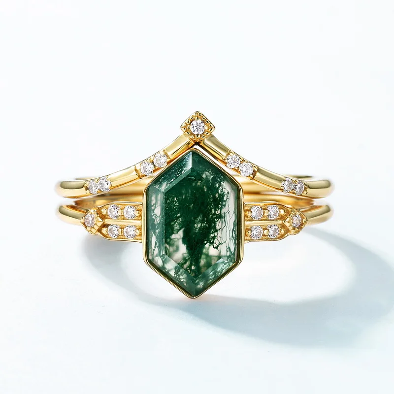 JewelyKing S925 Sterling Silver Moss Agate 14K Gold Plated Vintage Geometric Stackable Engagement Promise Ring JKRS0167