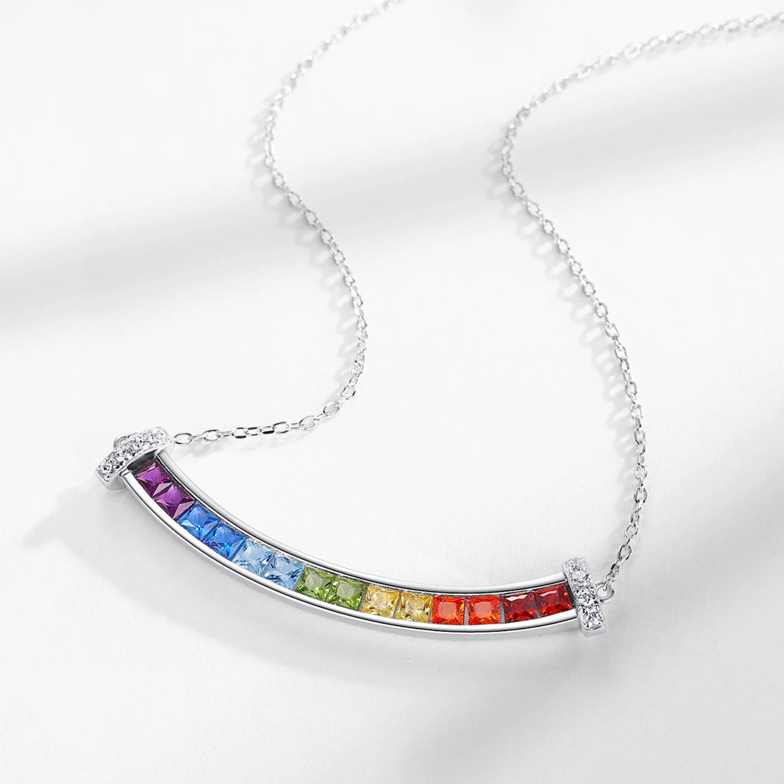 Panyu Fine Jewelry 925 Sterling Silver Pendant Necklace Colorful Gradient Rainbow Smile Sweet Cool Necklace Gift