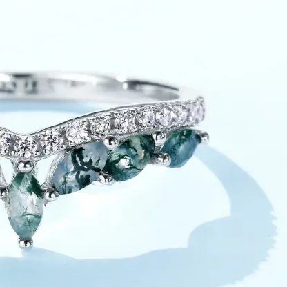 JewelyKing S925 Sterling Silver Green Gemstone Cubic Zirconia Curve Crown Green Moss Agate Ring JKRS0227