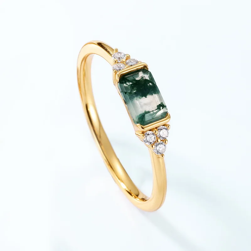JewelyKing S925 Silver 18K Gold Magnificent Style Baguette Cut Green Moss Agate Stacking Wedding Ring JKRS0154