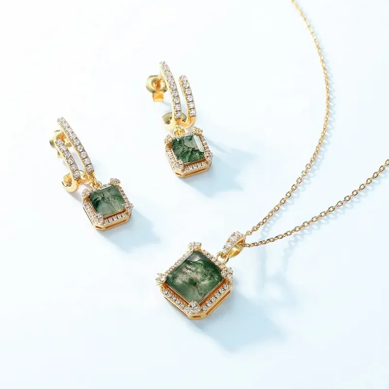 Jewelyking S925 Sterling Silver Natural Green Moss Agate Stone 18k Gold Drop Earrings Wedding JKES0083