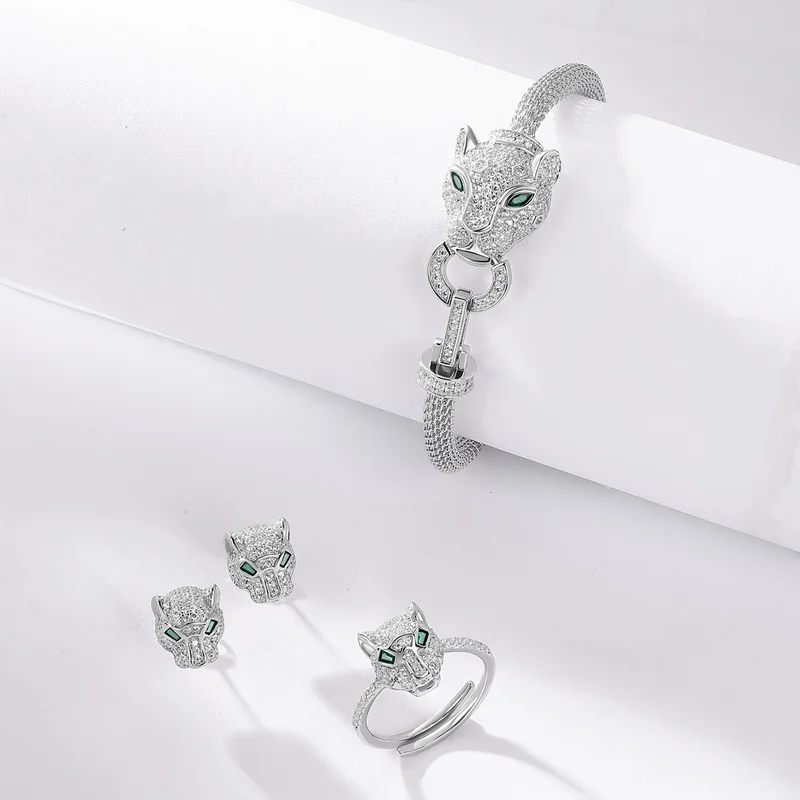 JewelyKing S925 Sterling Silver Panther Cubic Zirconia Green Spinel Jaguar Jewelry Animal Ring JKRS0259