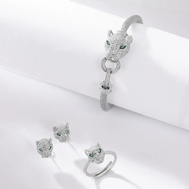 JewelyKing S925 Sterling Silver Panther Cubic Zirconia Green Spinel Jaguar Jewelry Animal Ring JKRS0259
