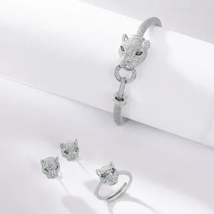 JewelyKing S925 Sterling Silver Panther Cubic Zirconia Green Spinel Jaguar Jewelry Animal Ring JKRS0259