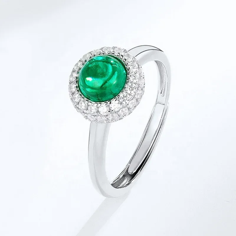 Fine Jewelry Simple Round Shape Gemstone Ring Adjustable 925 Sterling Silver Dainty Delicate Lab Grown Emerald Rings