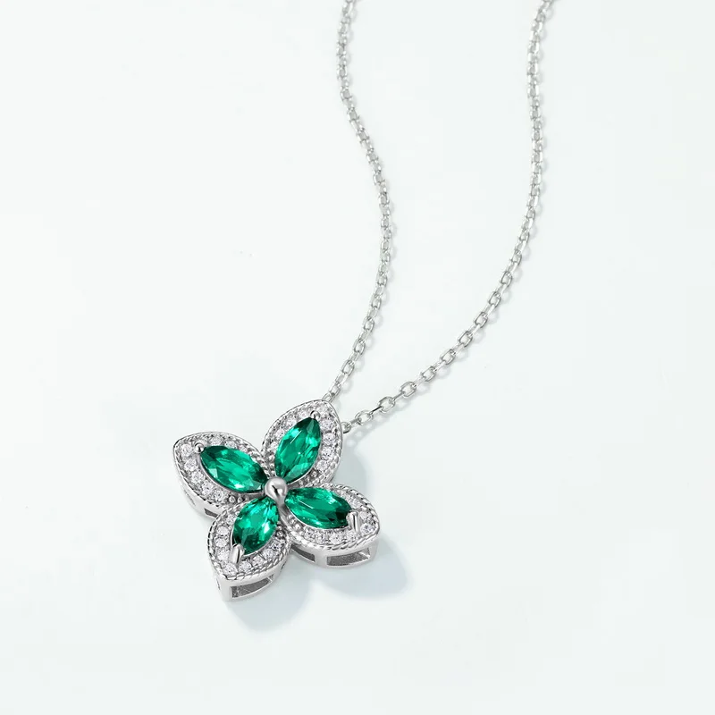 JewelyKing S925 Sterling Silver Lab Grown Emerald Clover Necklace JKNS0021