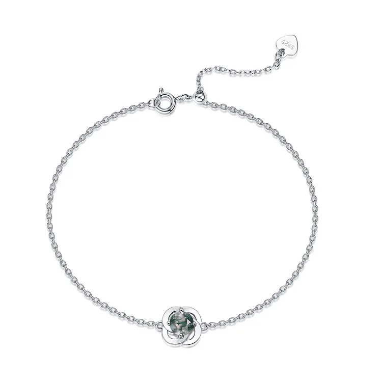 Jewelyking S925 Sterling Silver Rhodium Plated CZ Diamond Round Green Moss Agate Bracelet JKBS0038