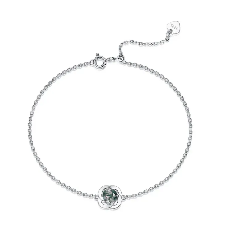 Jewelyking S925 Sterling Silver Rhodium Plated CZ Diamond Round Green Moss Agate Bracelet JKBS0038