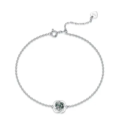 Jewelyking S925 Sterling Silver Rhodium Plated CZ Diamond Round Green Moss Agate Bracelet JKBS0038
