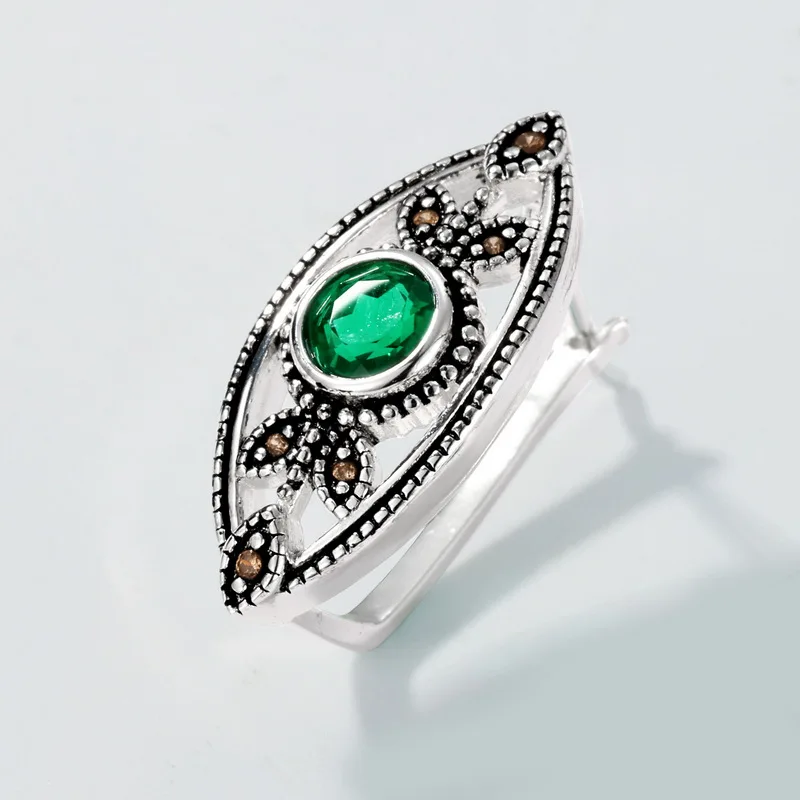 Panyu Factory 925 Sterling Silver Plated Gemstone Vintage Lab Emerald Hollow Leaf Earrings