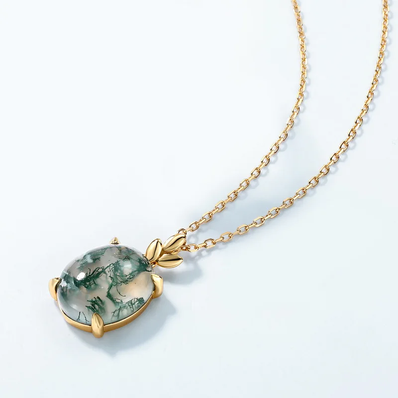 Jewelyking S925 Sterling Silver Green Moss Agate Oval Gemstone Rhodium Plated 18K Gold Custom Pendant Necklace JKNS0097