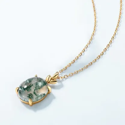 Jewelyking S925 Sterling Silver Green Moss Agate Oval Gemstone Rhodium Plated 18K Gold Custom Pendant Necklace JKNS0097