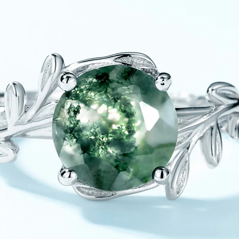 JewelyKing S925 Sterling Silver Green Moss Agate Gemstone Round Engagement Ring JKRS0222