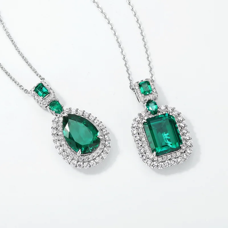 Lab Grown Emerald Necklace S925 Sterling Silver Radiant Cut Pendant Retro Light Luxury Clavicle Pendant