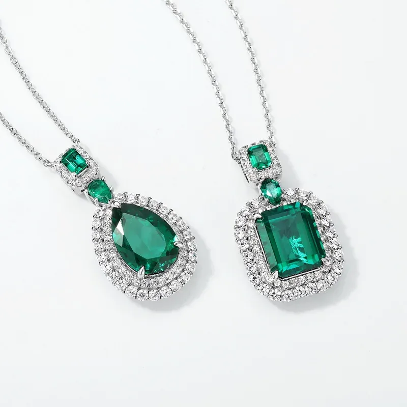 Lab Grown Emerald Necklace S925 Sterling Silver Radiant Cut Pendant Retro Light Luxury Clavicle Pendant