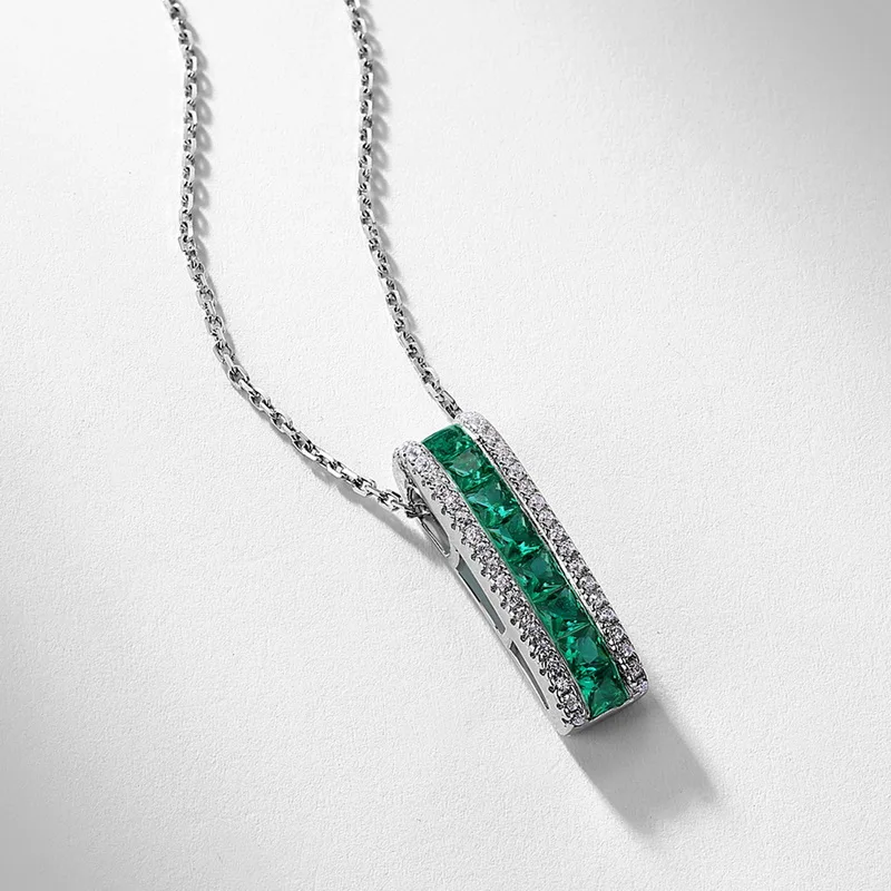 S925 Sterling Silver Princess Cut Lab Grown Emerald Vertical Bar Pendant Necklace