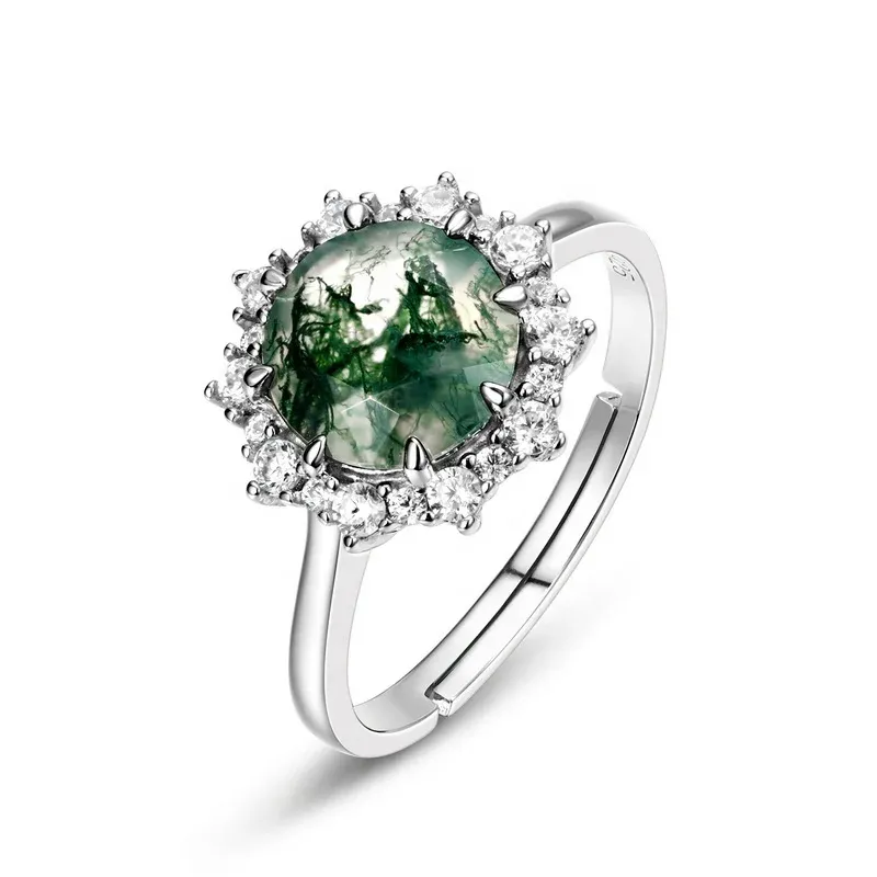 JewelyKing S925 Sterling Silver Minimalist Trend Jewelry Natural Moss Agate Gemstone Green Agate Engagement Wedding Rings JKRS0149