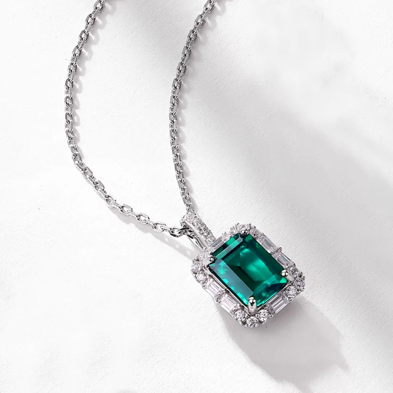S925 Sterling Silver Emerald Cut Lab Grown Emerald Halo Pendant Necklace for Women