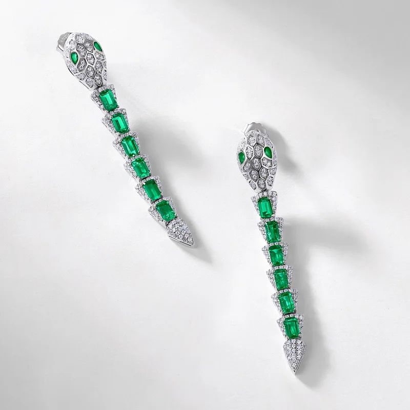 Silver Sterling S925 Earring Premium Snake Design Lab Grown Emerald Ear Stud