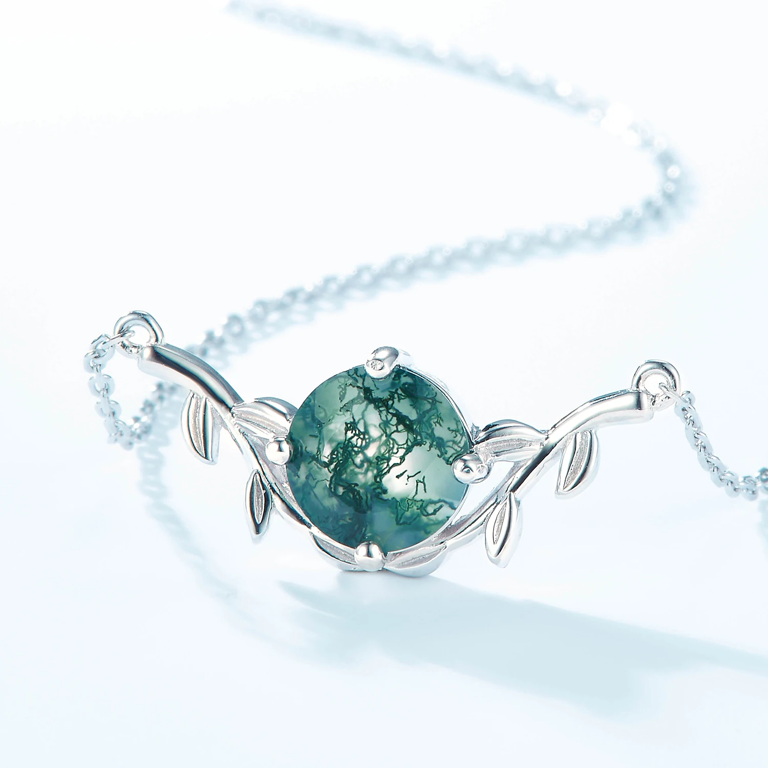 Jewelyking S925 Sterling Silver Green Moss Agate Pendant Necklace JKNS0081