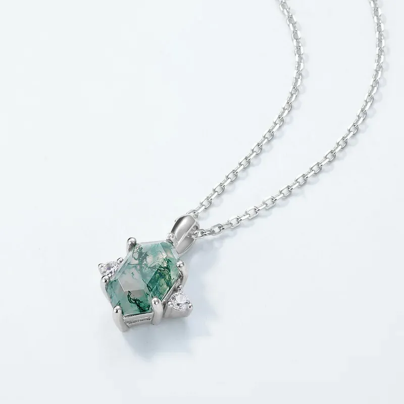 JewelyKing S925 Sterling Silver Moss Agate Hexagon Cut Natural Green Moss Stone Necklace JKNS0026