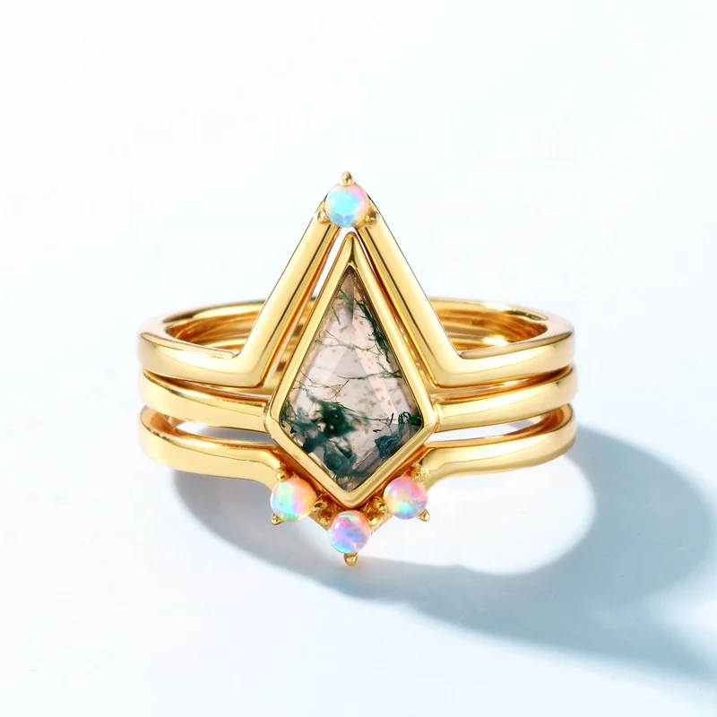 Minimalist Silver Simple Rhombus Shape Moss Agate Gemstone Ring JKRS0238