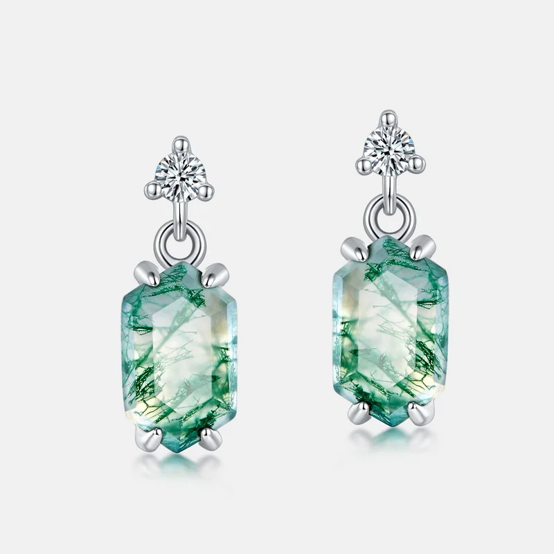 Jewelyking S925 Sterling Silver White Gold Plated Cubic Zirconia Tree Bark Natural Moss Agate Earring JKES0086