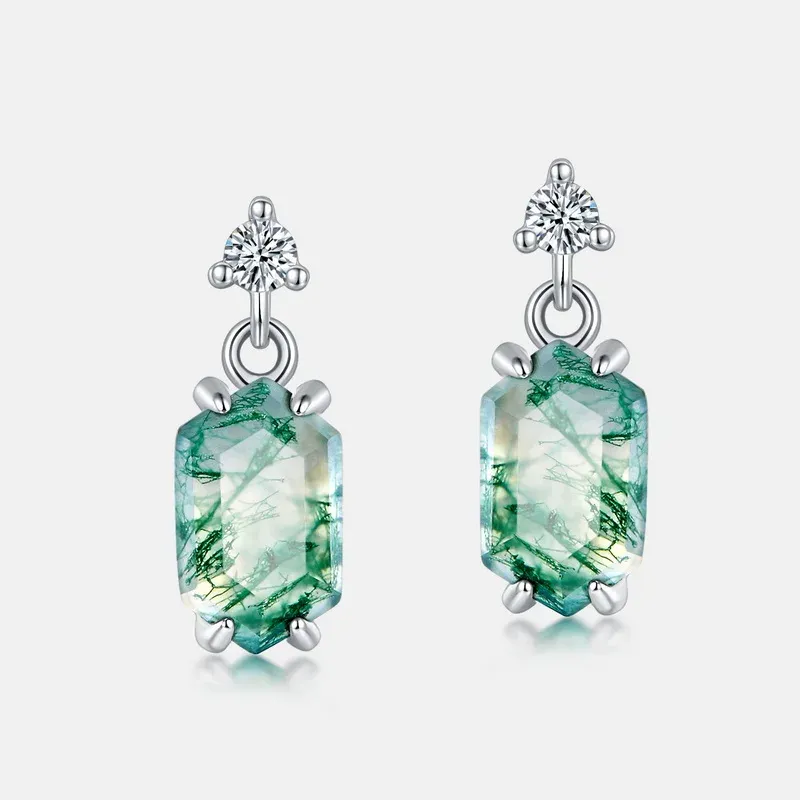 Jewelyking S925 Sterling Silver White Gold Plated Cubic Zirconia Tree Bark Natural Moss Agate Earring JKES0086