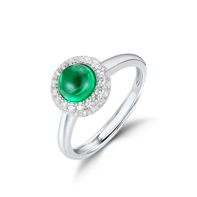 Fine Jewelry Simple Round Shape Gemstone Ring Adjustable 925 Sterling Silver Dainty Delicate Lab Grown Emerald Rings