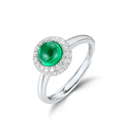 Fine Jewelry Simple Round Shape Gemstone Ring Adjustable 925 Sterling Silver Dainty Delicate Lab Grown Emerald Rings