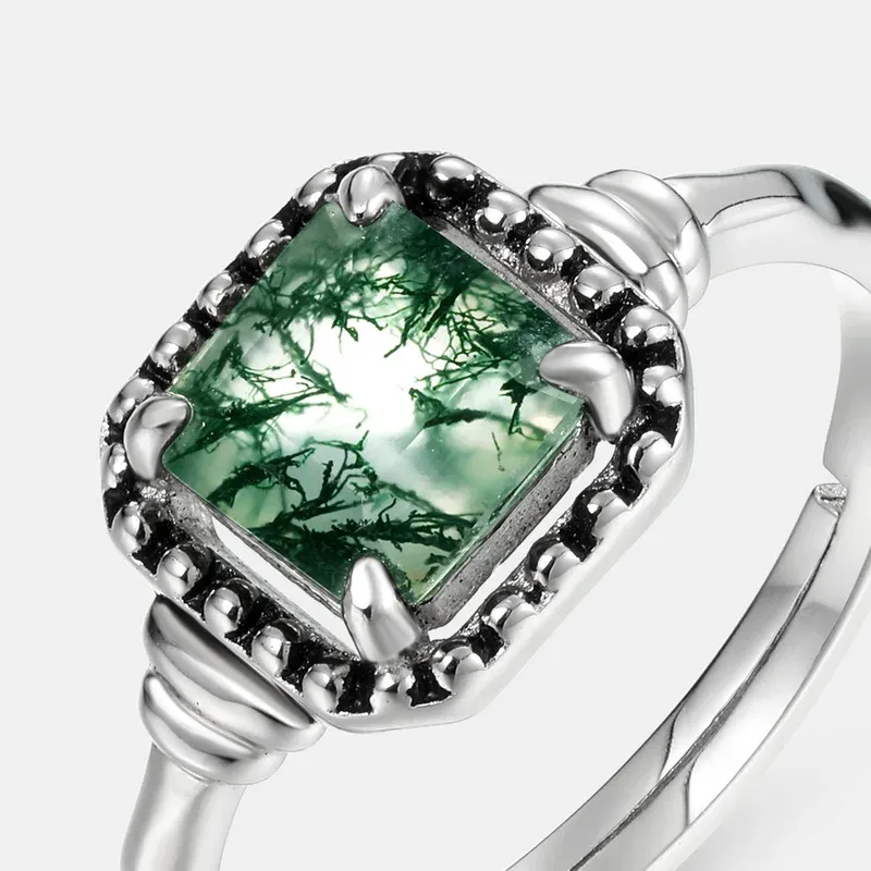 JewelyKing S925 Sterling Silver Natural Moss Agate Oval Shape Gemstone Ring JKRS0166