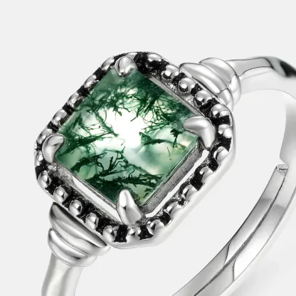 JewelyKing S925 Sterling Silver Natural Moss Agate Oval Shape Gemstone Ring JKRS0166